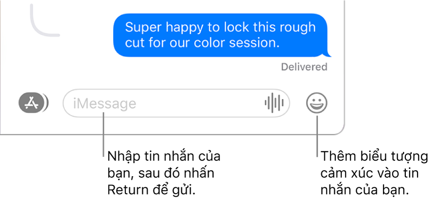 Một cuộc hội thoại trong cửa sổ Tin nhắn, với trường văn bản đang hiển thị ở cuối cửa sổ.