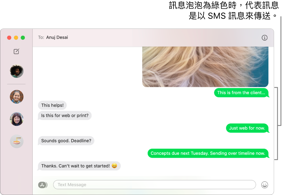 左側側邊欄中列出多個對話的「訊息」視窗,右側則顯示對話。訊息泡泡為綠色,表示訊息是以 SMS 訊息來傳送。