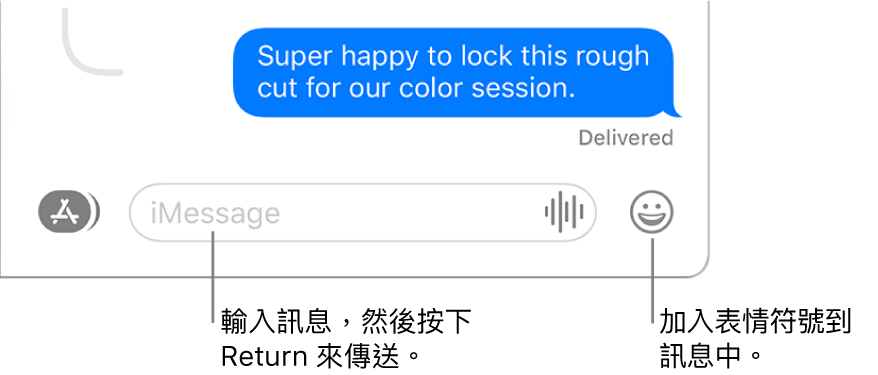 「訊息」視窗中的對話,在視窗底部顯示文字欄位。