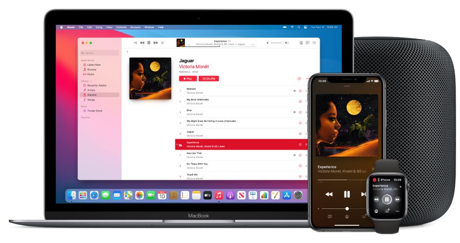 A song playing on a Mac, iPhone, and Apple Watch, with a HomePod.