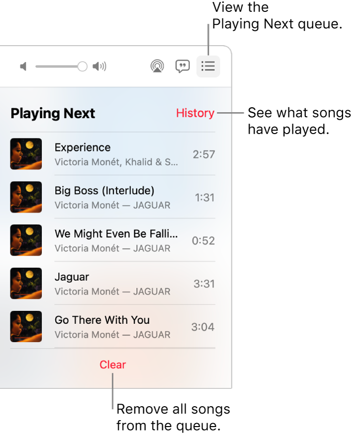 The top-right corner of the Music window with the Playing Next button in the banner showing the Playing Next queue. Click the History link to see the previously played songs. Click the Clear link, at the bottom of the list, to remove all songs from the queue.