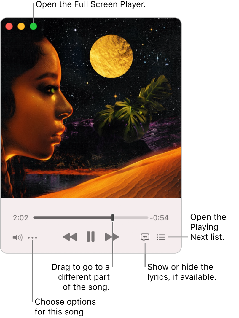 Expanded MiniPlayer showing the controls for the song that’s playing. In the top-left corner is the green button, used to open the Full Screen Player. In the bottom of the window is a slider that you can drag to go to a different part of the song. Under the slider on the left side is the More button, where you can choose view options and other options for the song that’s playing. On the far right under the slider are two buttons—the Lyrics button to show or hide available lyrics, and the Playing Next button to see what’s playing next.