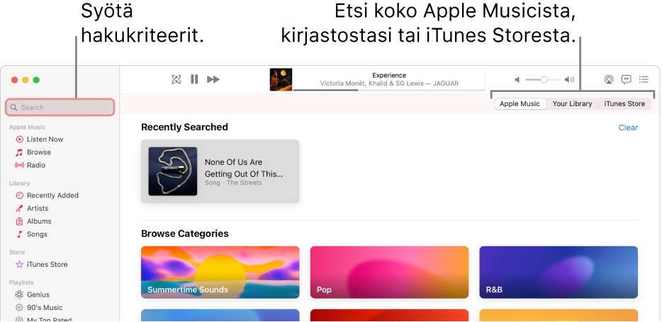 Apple Music -ikkuna, jossa näkyy hakukenttä vasemmassa yläkulmassa, kategorialuettelo keskellä sekä Apple Music, kirjastosi ja iTunes Store oikeassa yläkulmassa. Syötä hakukriteerit hakukenttään ja valitse sitten, etsitäänkö koko Apple Musicista, vain kirjastostasi vai iTunes Storesta.