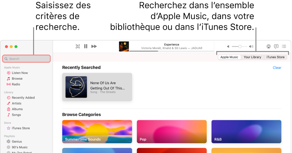 La fenêtre Apple Music, avec le champ de recherche dans le coin supérieur gauche, la liste de catégories au centre de la fenêtre et « Apple Music », « Votre bibliothèque » et l’iTunes Store disponibles dans le coin supérieur droit. Saisissez des critères de recherche dans le champ de recherche, puis choisissez d’effectuer la recherche dans tout Apple Music, seulement dans votre bibliothèque ou sur l’iTunes Store.