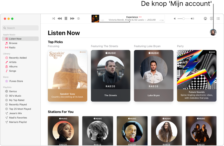 Het Muziek-venster met 'Luister nu' actief. De knop 'Mijn account' bevindt zich rechtsboven in het venster (deze lijkt op een foto of monogram).
