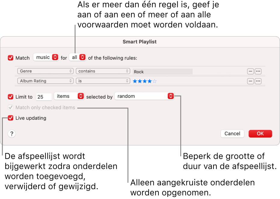 Het dialoogvenster 'Slimme afspeellijst': Selecteer 'Voldoe aan' linksbovenin en geef vervolgens op aan welke criteria de afspeellijst moet voldoen (bijvoorbeeld genre of beoordeling). Met de knop met het plusteken en de knop met het minteken rechtsbovenin kun je regels toevoegen of verwijderen. Onder in het dialoogvenster kun je verschillende opties instellen, waaronder de grootte en lengte van de afspeellijst, of je alleen nummers met een ingeschakeld aankruisvak wilt toevoegen en of je de afspeellijst wilt laten bijwerken als onderdelen in je bibliotheek worden gewijzigd.