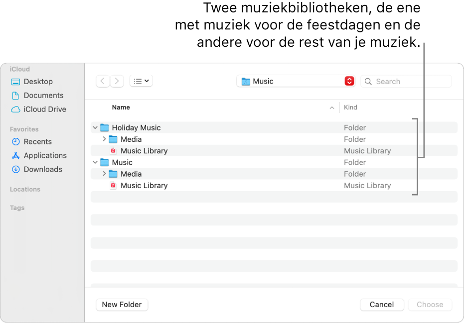 Het Finder-venster met meerdere bibliotheken. Een met muziek voor de feestdagen en een voor de rest van je muziek.