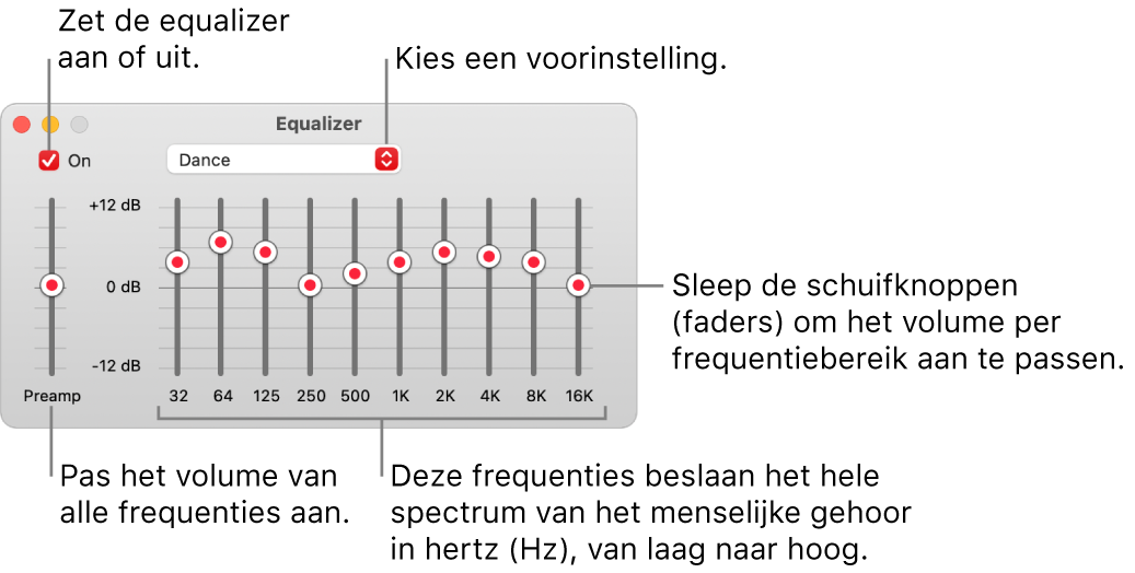 Het venster 'Equalizer': Het aankruisvak waarmee je de Muziek-equalizer inschakelt, bevindt zich linksbovenin. Ernaast zie je het venstermenu met de voorinstellingen van de equalizer. Helemaal links pas je het algemene volume van frequenties aan met de voorversterker. Onder de voorinstellingen van de equalizer pas je het geluidsniveau per frequentiebereik aan. Elk bereik vertegenwoordigt een bepaald gedeelte van het menselijk gehoor, van laag naar hoog.
