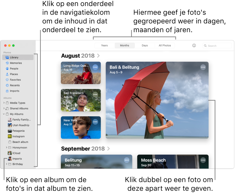 Het Foto's-venster met 'Maanden' geselecteerd in de knoppenbalk en foto's die op maand zijn geordend in het hoofdgedeelte van het scherm. Links bevindt zich de knoppenbalk, waar je albums en projecten kunt selecteren.