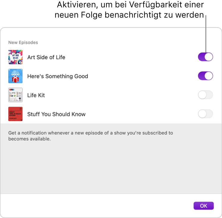 Das Fenster für Mitteilungen. Klicke auf den Schalter, um eine Mitteilung zu erhalten, wenn eine neue Folge verfügbar ist.
