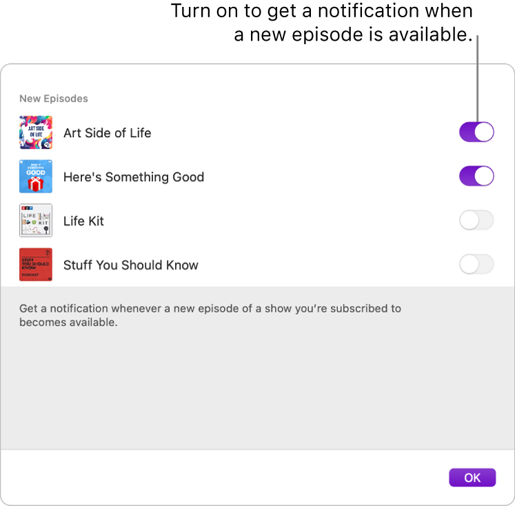 The notifications window. Click the switch to get a notification when a new episode is available.
