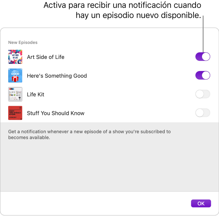 La ventana de notificaciones. Haz clic en el conmutador para recibir una notificación cuando haya un episodio nuevo disponible.