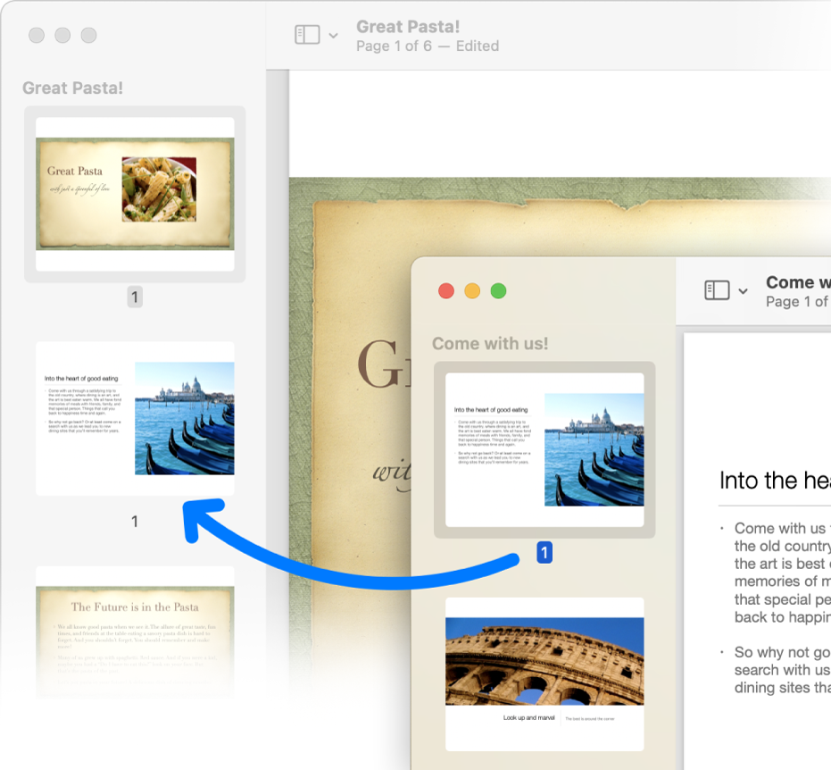 A page thumbnail from one PDF to the sidebar of another.