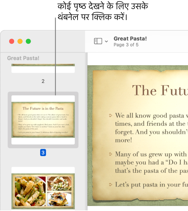 साइडबार में दिखाए गए थंबनेल के साथ PDF।