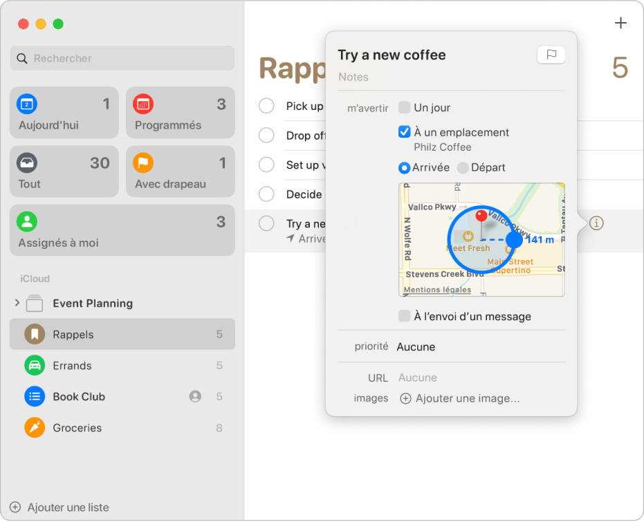 Fenêtre d’informations d’un rappel, configurée pour envoyer une alerte de notification à un emplacement.