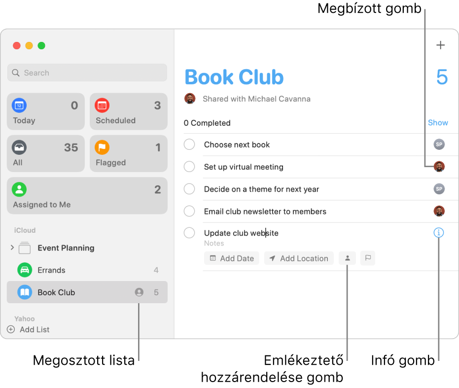 Az Emlékeztetők ablaka egy megosztott listával és a hozzárendelt emlékeztetőkkel.