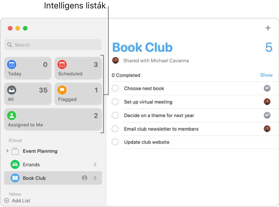Az Emlékeztetők ablaka az Intelligens listákkal az oldalsávon.