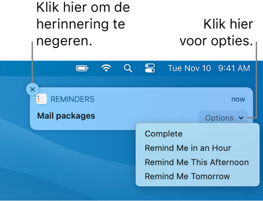 Een melding voor een herinnering met de knoppen 'Voltooid' en 'Later'.