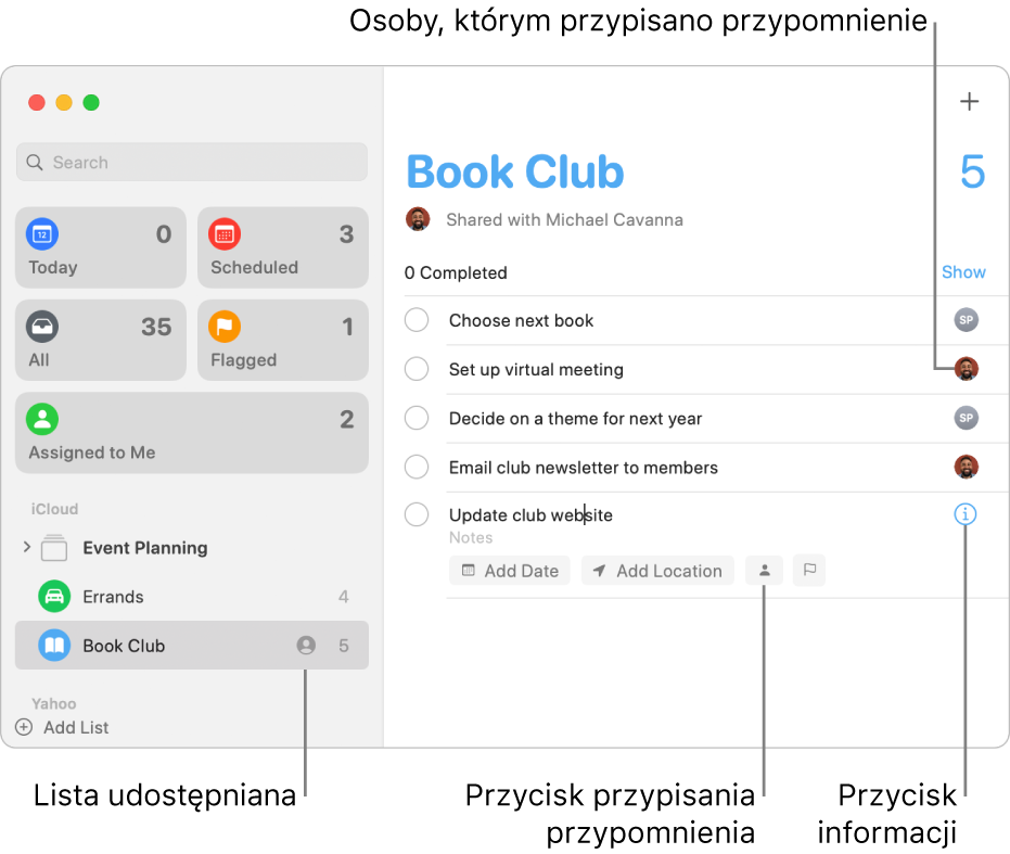 Okno aplikacji Przypomnienia z widoczną listą udostępnianą zawierającą przypisane przypomnienia.