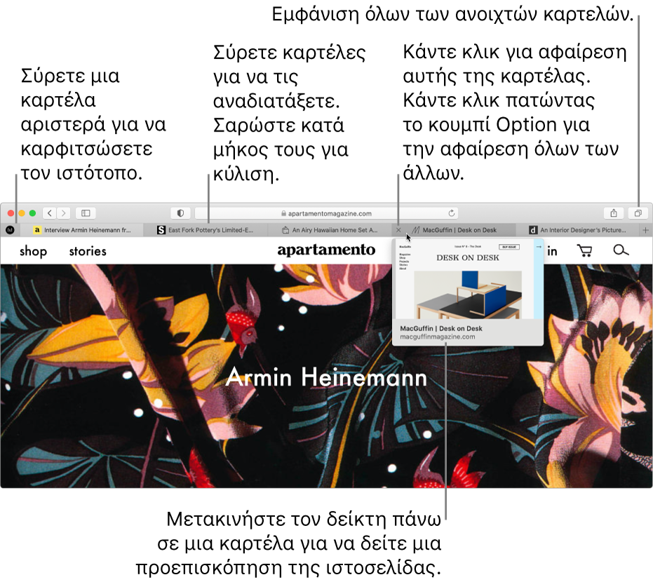 Το παράθυρο του Safari όπου είναι ανοιχτές πολλές καρτέλες, ο δείκτης βρίσκεται πάνω σε μια καρτέλα και εμφανίζεται μια προεπισκόπηση της ιστοσελίδας.