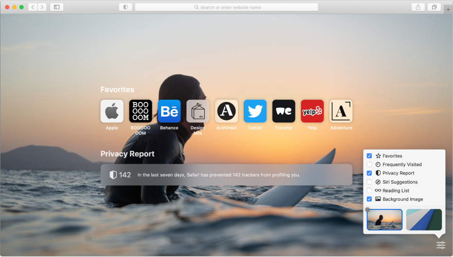 The Safari start page, showing favourite websites, a Privacy Report summary and start page options.