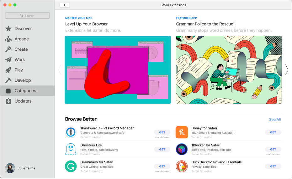 The main Mac App Store page. The sidebar on the left includes links to different areas of the store, like Arcade and Create, and Categories is selected. On the right is the Safari extensions category.