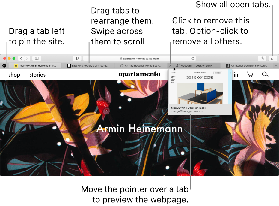 The Safari window with several tabs open, with the pointer over a tab showing a preview of the web page.