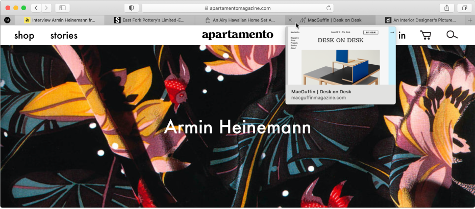 The Safari window with several tabs open, with the pointer over a tab showing a preview of the web page.