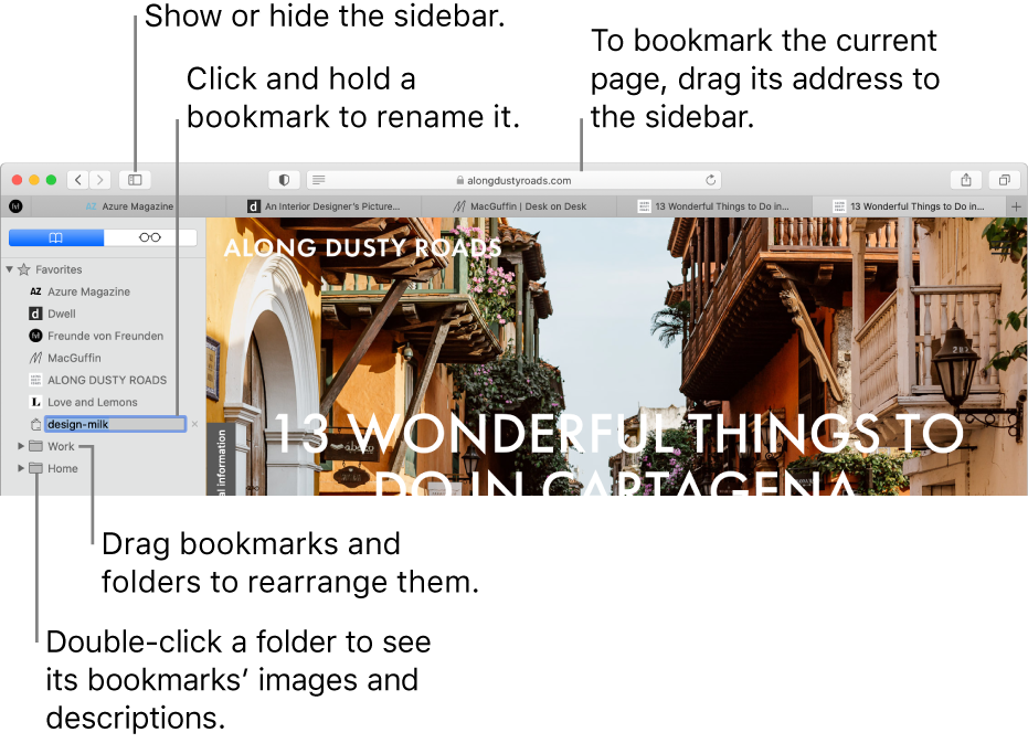 A Safari window showing bookmarks in the sidebar; one bookmark is selected for editing.