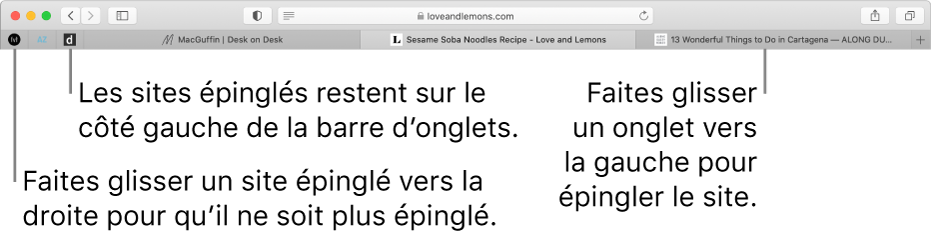 Sites épinglés dans la barre d’onglets de Safari.
