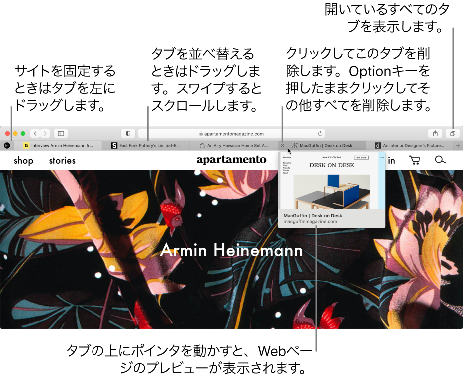 複数のタブが開いたSafariのウインドウ。ポインタがタブの上に置かれ、Webページのプレビューが表示されています。