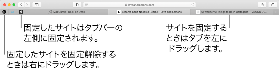Safariのタブバーに固定されたサイト。