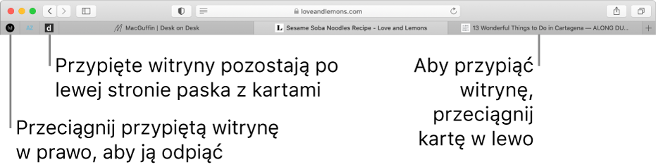 Przypięte witryny na pasku z kartami w Safari.
