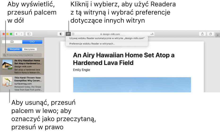 Okno Safari z listą Czytelnia.