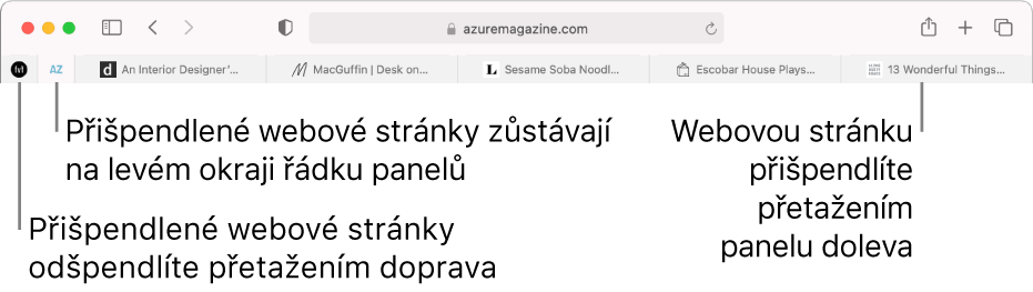 Připnuté stránky na řádku panelů v Safari