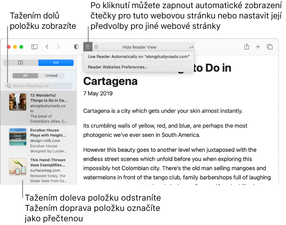 Okno Safari se zobrazeným seznamem četby