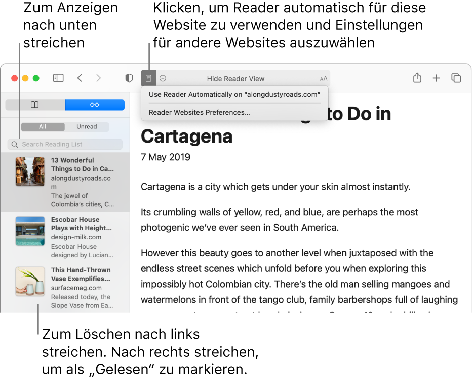 Safari-Fenster mit angezeigter Leseliste.
