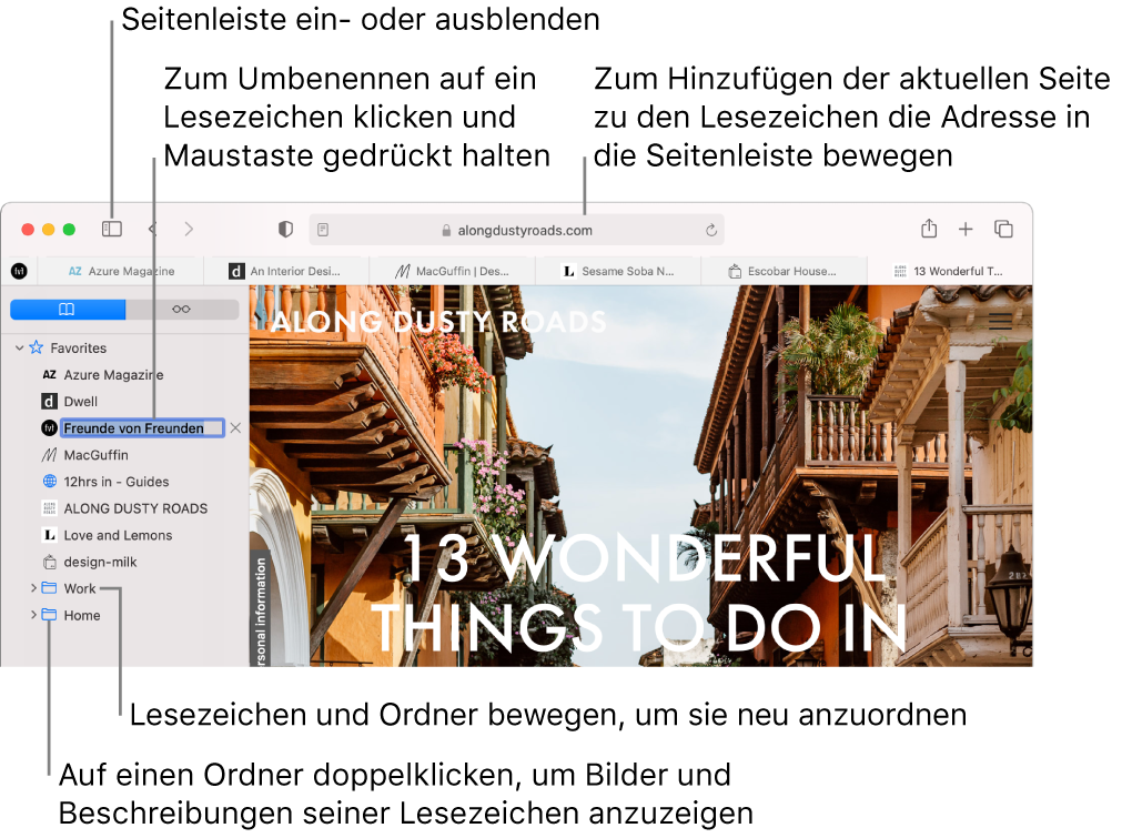 Ein Safari-Fenster mit Lesezeichen in der Seitenleiste und einem zur Bearbeitung ausgewählten Lesezeichen.