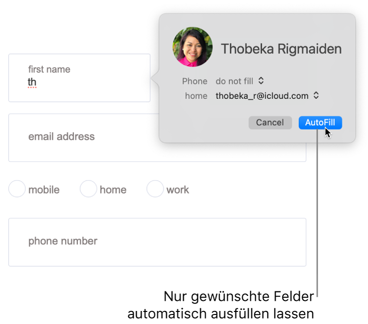 Ein Versandformular mit angezeigter Visitenkarte und verfügbarer Funktion für das automatische Ausfüllen.