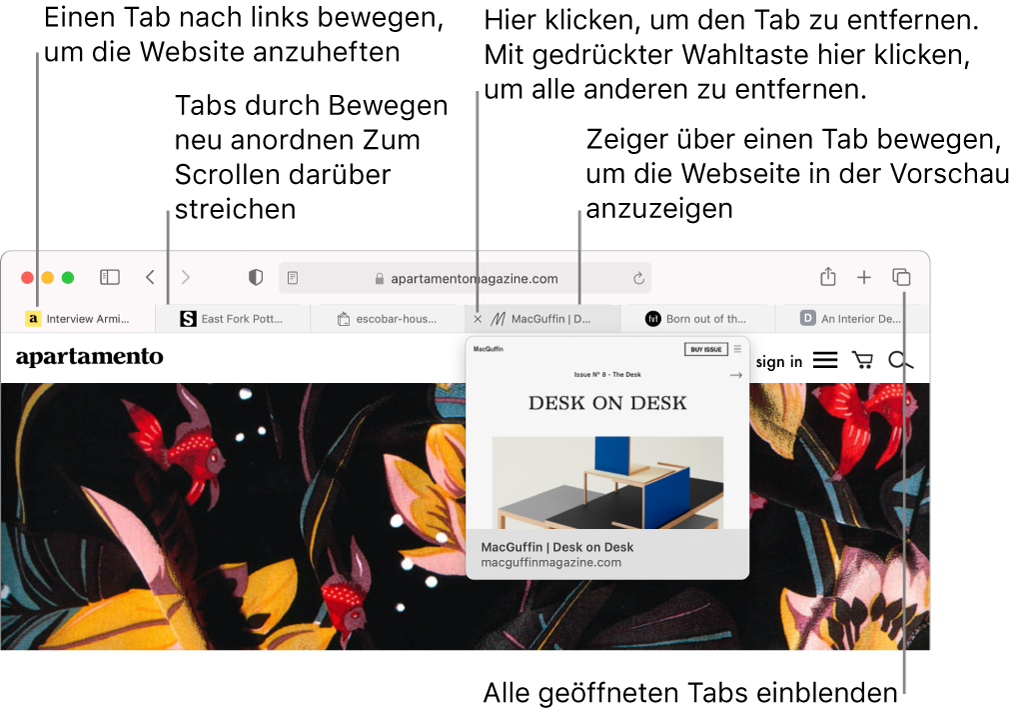Das Safari-Fenster mit mehreren geöffneten Tabs. Der Zeiger befindet sich über einem Tab, und es wird die Vorschau einer Webseite angezeigt.