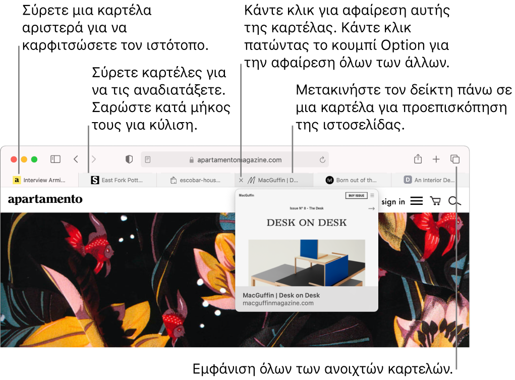 Το παράθυρο του Safari όπου είναι ανοιχτές πολλές καρτέλες, ο δείκτης βρίσκεται πάνω σε μια καρτέλα και εμφανίζεται μια προεπισκόπηση της ιστοσελίδας.