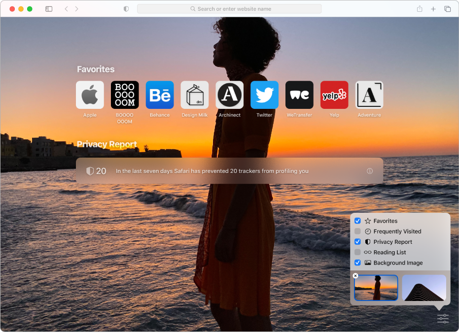 The Safari start page, showing favourite websites, a Privacy Report summary and customisation options.