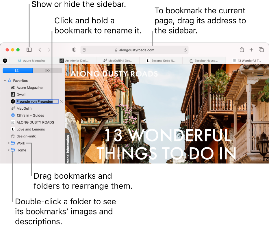 A Safari window showing bookmarks in the sidebar; one bookmark is selected for editing.