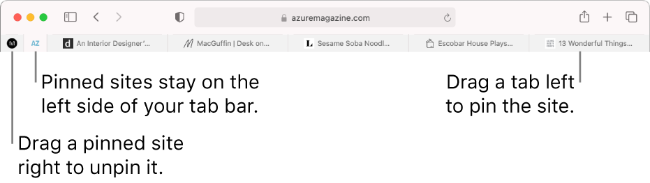 Pinned sites in the Safari tab bar.