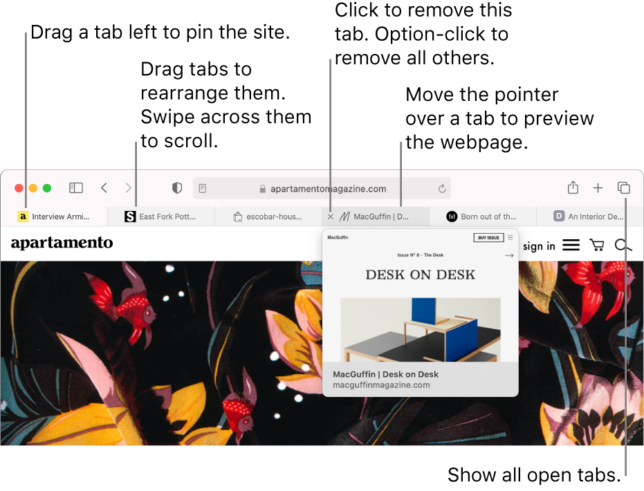 The Safari window with several tabs open, with the pointer over a tab showing a preview of the webpage.