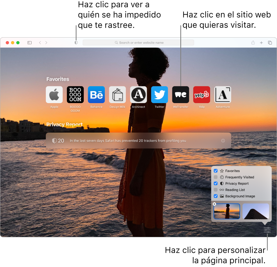 La página de inicio de Safari, que muestra los sitios web favoritos, un resumen del informe de privacidad, los artículos de la lista de lectura y las opciones de la página de inicio.