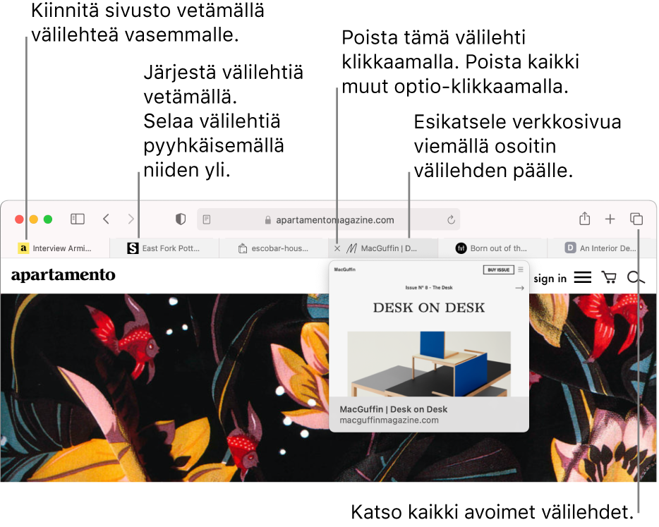 Safari-ikkuna, jossa on avattuna useita välilehtiä ja osoitin on välilehden päällä siten, että verkkosivun esikatselu näkyy.