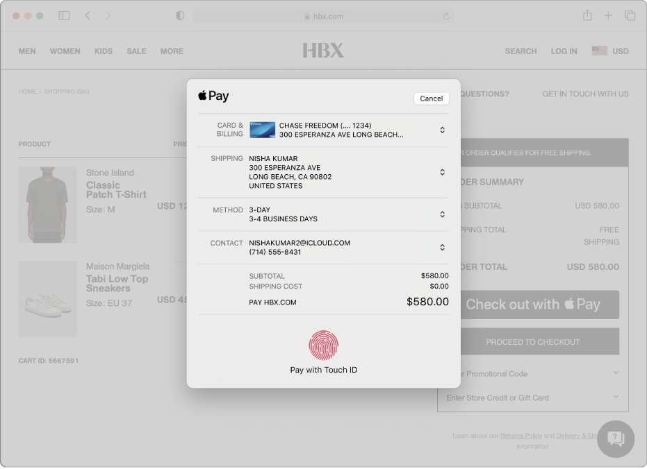 Un site d’achat populaire qui autorise Apple Pay, et les détails de votre achat, notamment la carte de crédit facturée, les informations de livraison, les informations sur la boutique et le prix d’achat.
