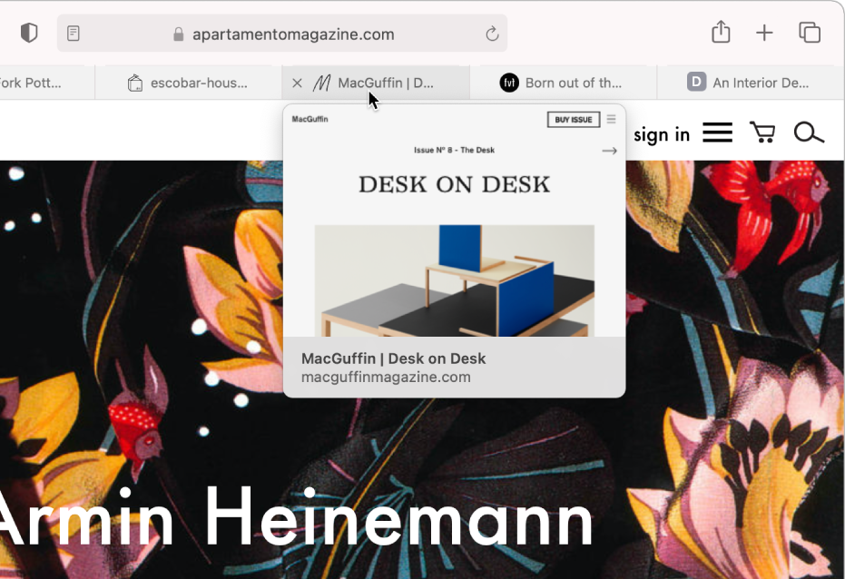 La fenêtre Safari comprenant plusieurs onglets ouverts, avec le pointeur placé sur un onglet présentant un aperçu de la page web.