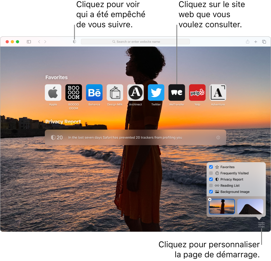 La page de démarrage de Safari affichant les sites web favoris, le résumé d’un rapport de confidentialité, les articles de la liste de lecture et les options de la page de démarrage.